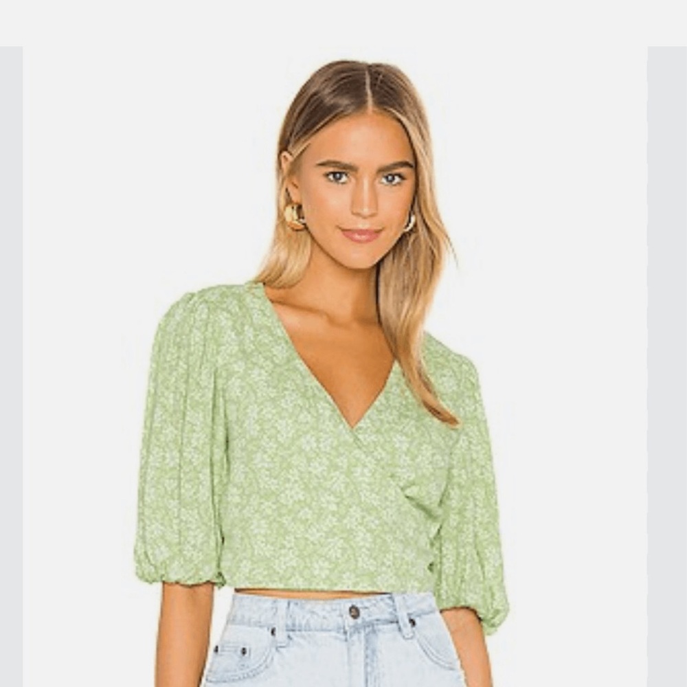MINKPINK Blouse Womens Large Green Puff Sleeve V-Neck Wrap Floral Cropped green